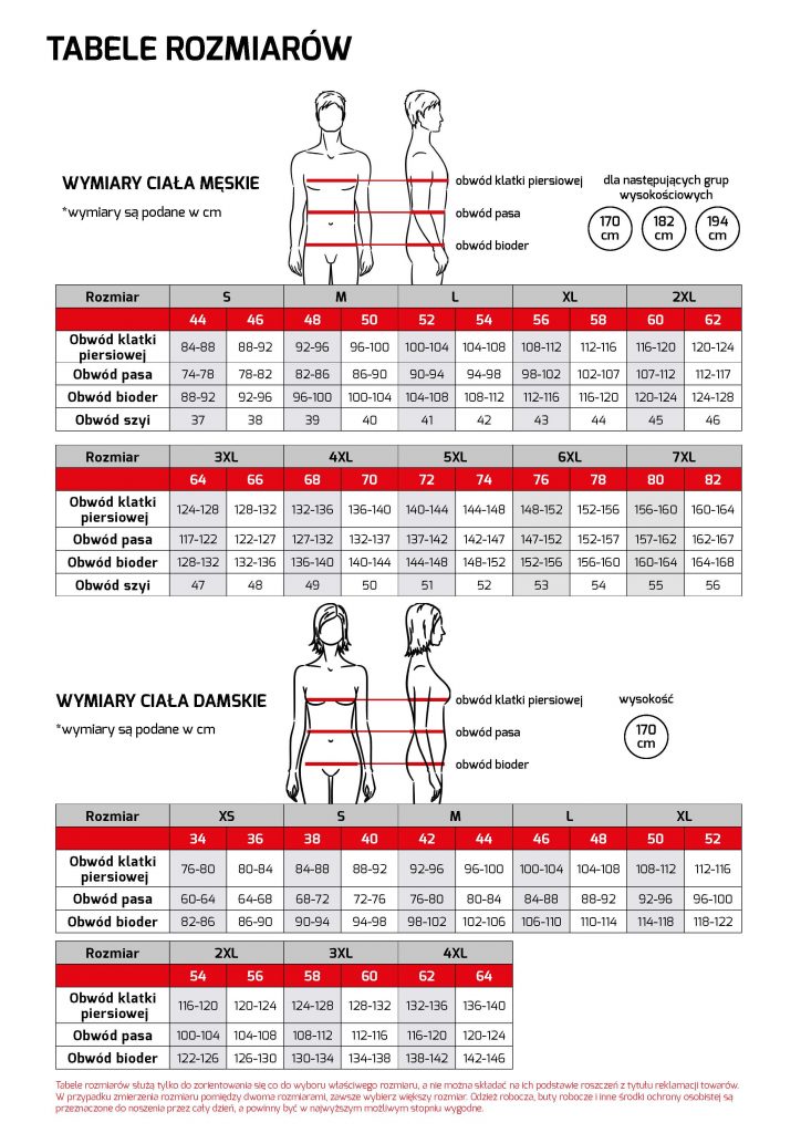 CXS Canis - Tabela rozmiarów