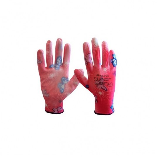 Rękawice powlekane poliuretanem M-GLOVE FLOWERS PINK KAT.I.